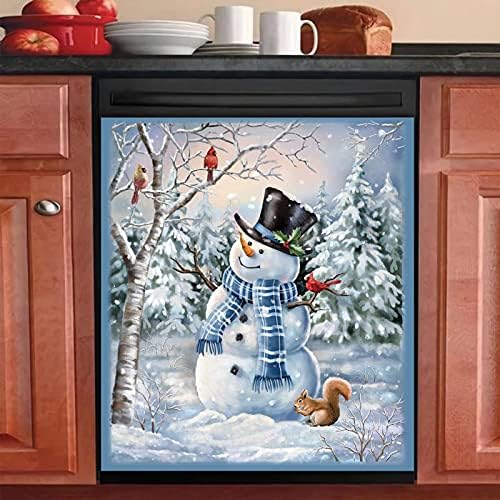 Snowman Bird Magnet Stickers Dishwasher Cover Winter Snowflake Decal Squirrel Fridge Magnetic Sticker Kitchen Decor Farmhouse Christmas 23" W x 17" H