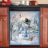 Snowman Bird Magnet Stickers Dishwasher Cover Winter Snowflake Decal Squirrel Fridge Magnetic Sticke