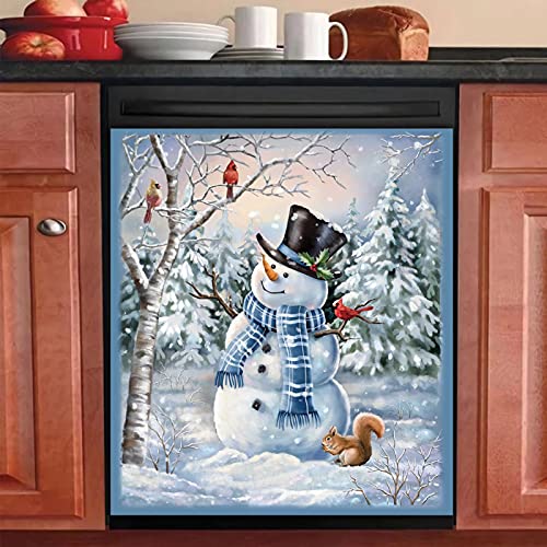 Snowman Bird Magnet Stickers Dishwasher Cover Winter Snowflake Decal Squirrel Fridge Magnetic Sticker Kitchen Decor Farmhouse Christmas 23" W X 17" H #TOP1