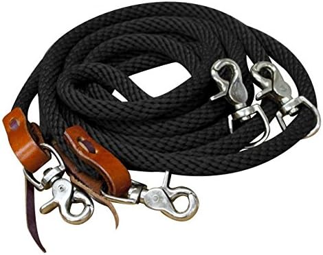 Showman 11' Round Braided Nylon Draw Reins Tied Leather Ends 4 Scissor Snaps