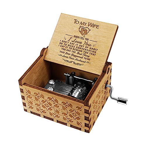 KWOOD Laser Engraved Wood Musical Box,Music Box with Hand Crank,Mechanism Antique Vintage,Personality Musical