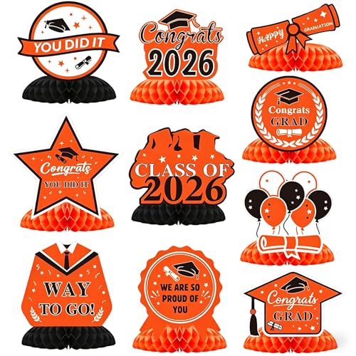 Image of Graduation Decorations 2026, 10PCS Graduation Centerpieces for Table Orange Black Graduation Party Decorations Class of 2026 Congrats Grad Honeycomb Centerpieces Table Decor Graduation Party Supplies