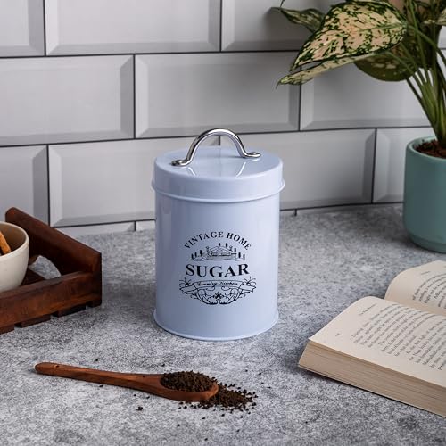 Image of Metallure Home Round Classic Tea Sugar Container Set of 2 | Metal Container for Kitchen Storage | Airtight Jar Set | Food-Safe Tea & Sugar Jars for Kitchen (White)