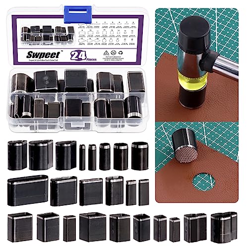 Swpeet Lot de 24 Outils de Découpe Creux en Alliage d'Acier Anti-Oxydation à Un Trou pour Cuir - Différentes Formes - Fait à la Main - Artisanat