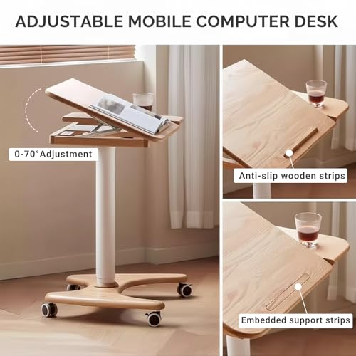 Image of ORNDSDM31.5in Mobile Standing Desk, 30-43.3in Rolling Desk Adjustable Height, Folding & Tilting One-Piece Desktop (0-70), Wheels, Home Offices, Apartments, Bed & Sofa, Walnut Color