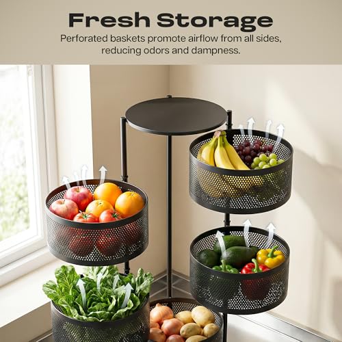 Image of Metal Multi-Purpose Trolley Kitchen Storage Organizer Rack Stand with 360 Wheels | 5 Layer Round Design | Kitchen Accessories Items for Fruit Vegetable Onion Rack for Kitchen (Black)