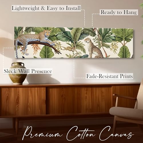 Image of Tropical Leopard Jungle Exotic Wildlife Canvas Wall Art Painting For Living Room, Green Botanical Jungle Painting Tropical Leopard Wall Art For Home & Office, 12x46 Inch
