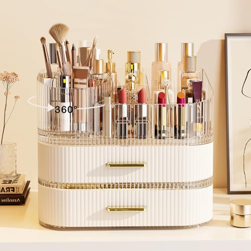 Makeup Organizer with Stackable Drawer, 360 Rotating Makeup Brush Holder, 11-inch Large Cosmetic Display Case, Skincare Organizers and Storage for Vanity, Bathroom Countertop (1 Tray + 2 Drawer)