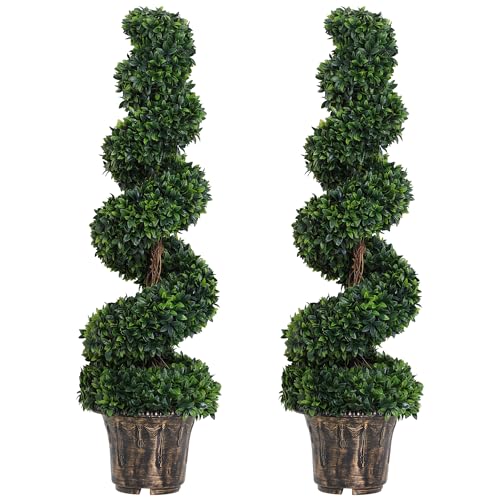 Outsunny Set of 2 Artificial Plants, Artificial Boxwood Spiral Topiary Trees Potted Decorative Plant Indoor Décor 120cm