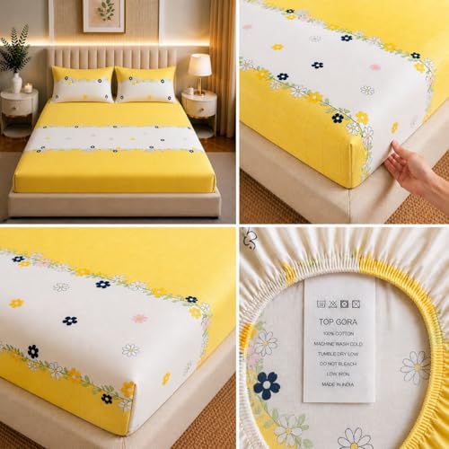 Image of Castiqa Elastic Fitted Supersoft Premium Brushed Cotton 200TC Double Bedsheets King Size 78x72 Inch with 2 Pillow Covers (Fits Upto Mattress of 10 Inches) (Yellow Dotted)