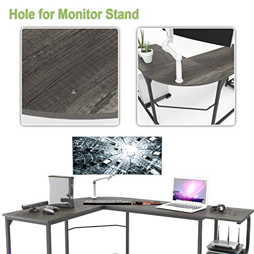 Teraves Reversible L Shaped Desk with Shelves Round Corner Computer Desk Gaming Table Workstation for Home Office