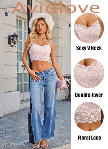 Image of Avidlove Bralettes for Women Lace Camisole V Neck Double-Layered Adjustable Strap Tank Cami Crop Top