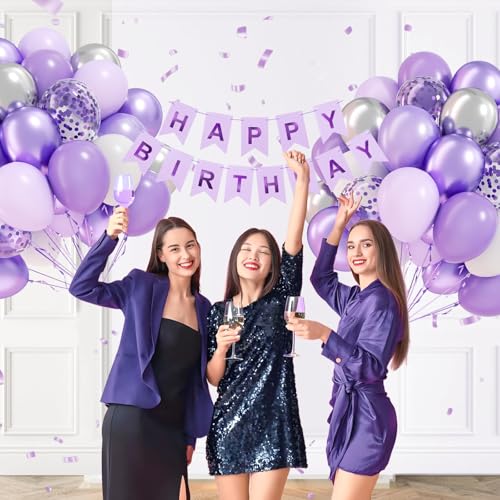Image of 60pcs Purple and Silver Balloons 12inch with Pearl Purple White Metallic Silver Confetti Balloons for Wedding Bridal Baby Shower Birthday Party Decorations