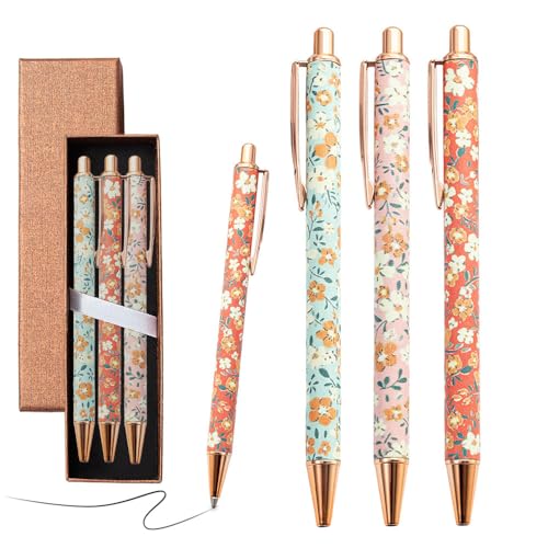 Belegao Lot de 3 stylos à bille à motif floral avec boîte – Stylos à bille fantaisie vintage rétractables de 1 mm pour femme, mère, enseignante, cadeau...