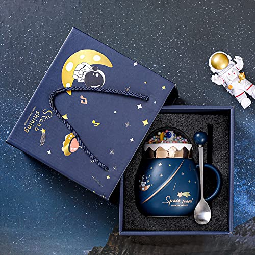 Dramlor Ceramic Astronaut Mug, 15Oz Astronaut Cups Kawaii Space Ceramic Mug With Lid And Spoon, Kawaii Coffee Cup Space Mug With Gift Box For Children, Friends And Family (Dark Blue) #TOP3