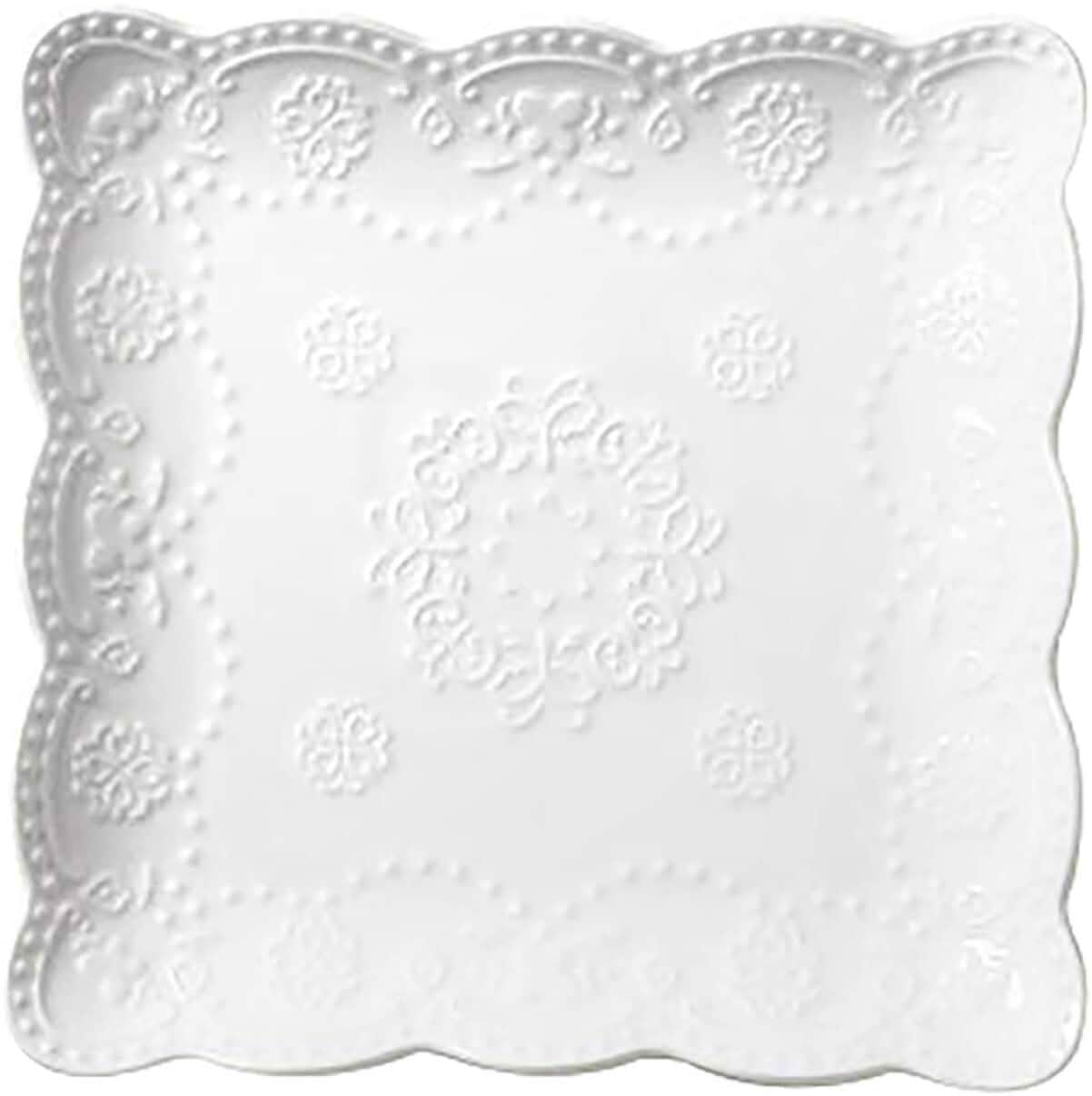 YBKTEX Ceramic Plate, Square Embossed Lace Plate (White, 6-inch) Porcelain