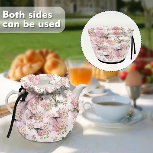 Image of Hummingbird Pink Rose Tea Pot Cozies, Machine Washable Fabric Kitchen Teapot Dust Cover Breakfast Warmer Insulation and Keep Warm, Home Christmas Decor