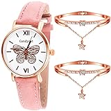 Fiada 3 Pcs Women Girls Wrist Watch with Bangle Set Elegant Butterfly Quartz Watch Rhinestones Star Bracelets PU Leather Watch Sets for Ladies Teen Girls Dress Gifts