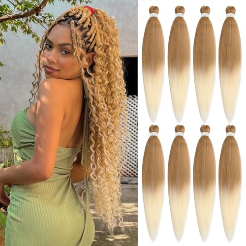 Leeven 30 Inch 8 Packs Ombre Pre Stretched Braiding Hair Two Tone Yaki Texture Prestretched Crochet Braids Hair Professional Synthetic Hair Extension Itch Free Hot Water Setting (27/613)