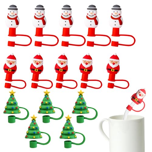 Consejos de paja de silicona de 15 piezas de Navidad para topper reutilizable a prueba de polvo de paja de 6-8 mm para suministros de fiesta de Navidad actividades al aire libre