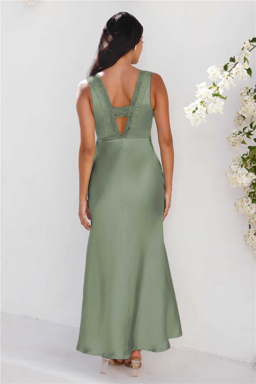 BAGONE Summer Satin Lace V Neck Backless Wedding Guest Maxi Dresses for Women Elegant Sleeveless Open Back Cocktail Dress - Image 5