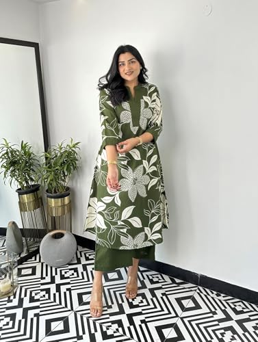 Image of LookMark Women's Floral Printed Cotton Blend 3 /4th Sleeve Knee Length V-Neck Kurta and Palazzo Set for Women