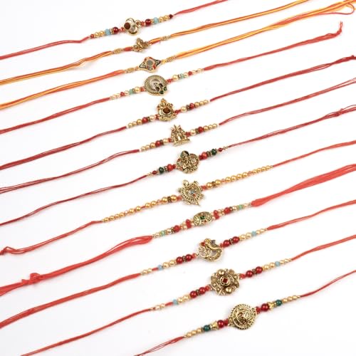 Image of Traditional Handmade Rakhi For Brothers | Designer Rudraksha, Pearl, & Beaded Wrist Bands| Thread Rakhi For Bhaiya, Bhabhi | Elegant Handcrafted Bracelet For Raksha Bandhan - Set Of 12