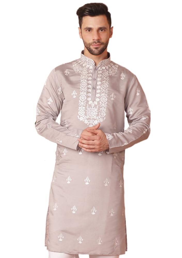 Jompers Men Grey Chikankari Embroidered Kurtas (Grey, L)
