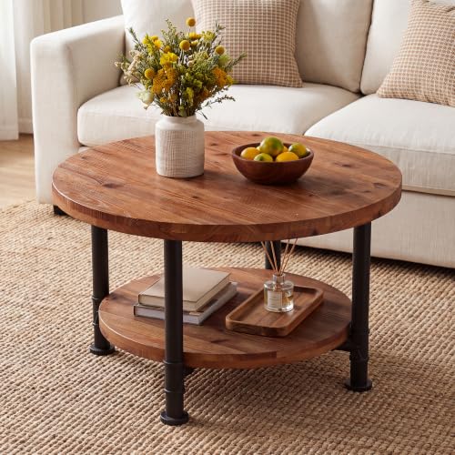 TRIBEWOOD round coffee table with wood top and black metal legs — the 200 lb load claim that leads the set