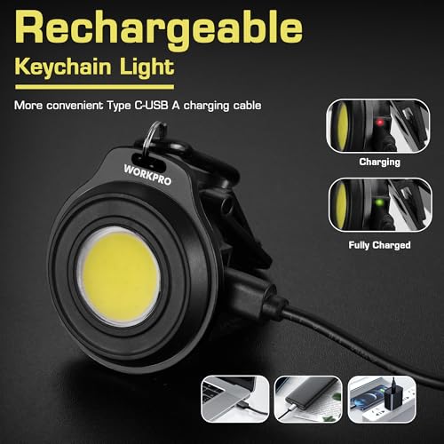 WORKPRO Mini Keychain Work Light, COB Keychain Flashlight with Hat Clip, Rechargeable Magn - image 6