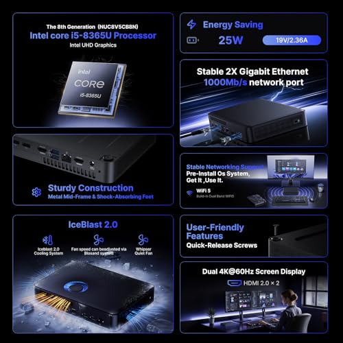 Image of NUC 8 Pro Chassis Element mini pc, NUC 8 Compute Element Core i5-8365U, with 8GB RAM & 512GB PCIe 4.0 NVMe SSD, Support Dual GbE /2xHDMI Dual Displays /WiFi 5 /BT 5.1 /Windows 11 Pro