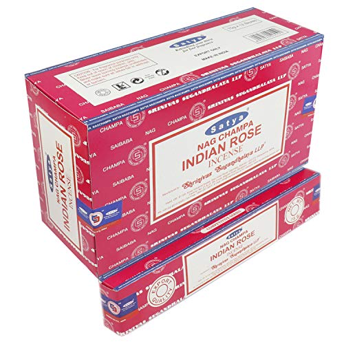 SATYA Nag Champa Indian Rose Agarbatti | Varillas de incienso Masala enrolladas a mano | 12 paquetes de 15 gramos cada uno en una caja | Producto de calidad de exportación