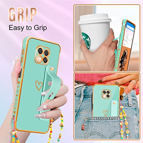 Likiyami (3In1 For Motorola Moto G Power 2021 Case Heart Women Girls Girly Cute Luxury Pretty With Stand Phone Cases Mint Green And Gold Love Hearts Aesthetic Cover+Screen+Chain For G Power 2021 6.6" #TOP4