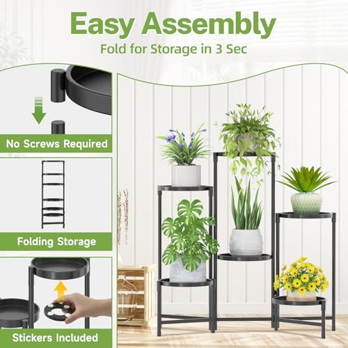 Image of iDavosic.ly 6 Tier Large Plant Stand Indoor with Grow Light, Tiered Corner Metal Outdoor Flower Display Holder Shelf with 10 Inch Wide Tray, Folding Tall Rack for Patio Porch Living Room, Black