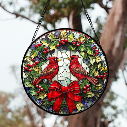 Image of DASTOLL Stained Glass Window Hanging - Cardinals Green Wreath Suncatcher for Doors Home Christmas Decoration Red Bird Sun Catcher Thanksgiving New Year Birthday Gift for Women Men Mom Nana 14.9 in