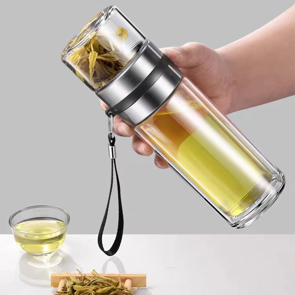 14oz Double Wall Glass Water Bottle Tea and Portable Travel Water Separation Tea Bottle Mug Cup with Tea Infuser,Clear Filtrating Tea Maker for Loose Leaf Tea (Sliver-450ml)