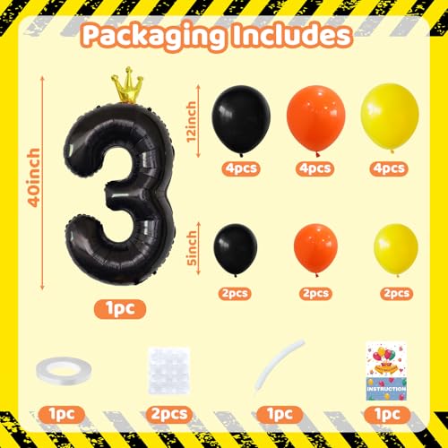 Image of Black Number 3 Balloon 40 Inch Construction Number Three Foil Balloons Tower with Excavator Digger Truck for Boys Third 3rd Birthday Party Decorations Giant Large Digital Aluminum Balloons Stack