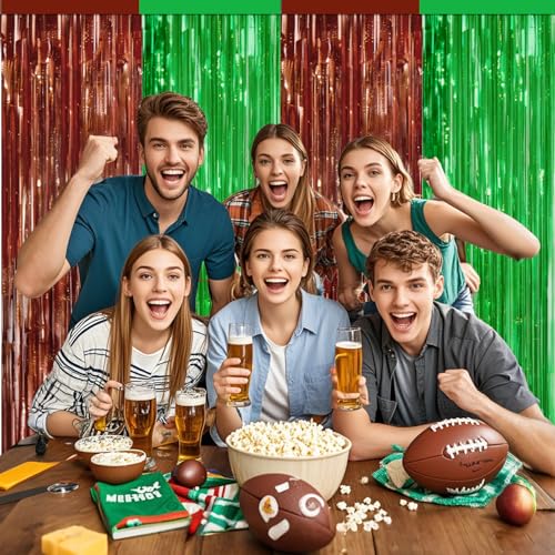 Image of 4 Packs Football Foil Fringe Curtain, Brown Green Glitter Metallic Tinsel Backdrop for Birthday, Baby Shower, Super Bowl, Football Game Day Party Decorations Supplies