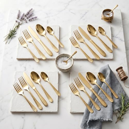 Image of Hammered Aurum Gold Silverware Set | 20-Piece Premium Stainless Steel Flatware Set | Dishwasher Safe Cutlery Set for Home, Restaurant & Gifting