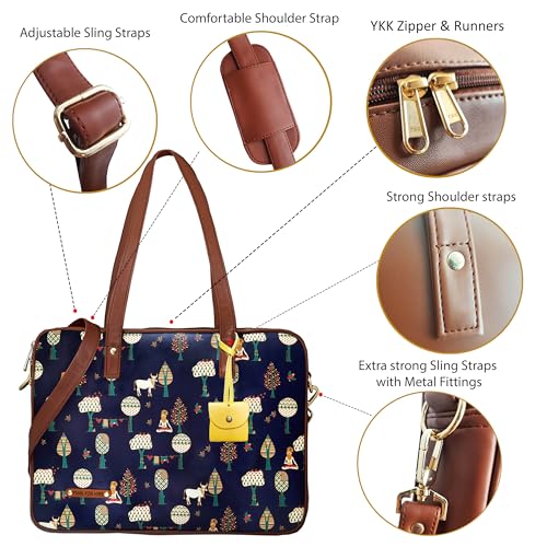 Image of Funk For Hire Women's Navy Blue Brown Printed Faux Leather 15.6 inch Laptop Handbag Sling with Waterproof Nylon Lining Cushioned Sleeve Adjustable Padded Strap Organizer