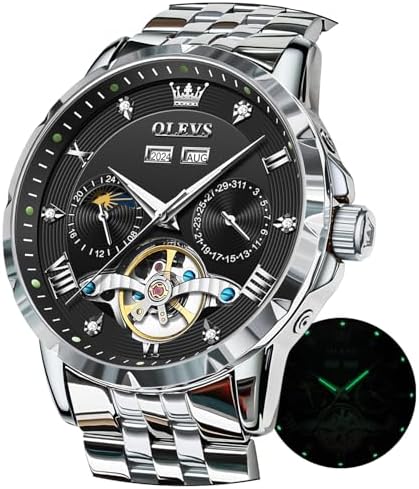 OLEVS Men's Mechanical Wristwatch, Automatic Winding, Moon Phase, Stylish, Skeleton, Waterproof, Popular, Luminous Watch for Men, Black &amp; White