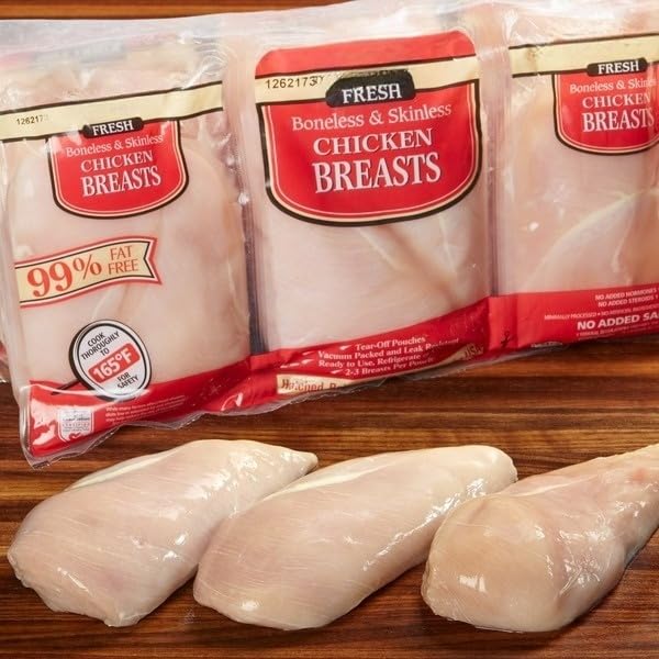 Fresh Boneless Skinless Chicken Breasts, Refrigerate or Freeze; 2-3 Breasts per Pouch; Hatched, Raised and Harvested in the USA; Keep Refrigerated, [ 96 oz, 6 lb ]