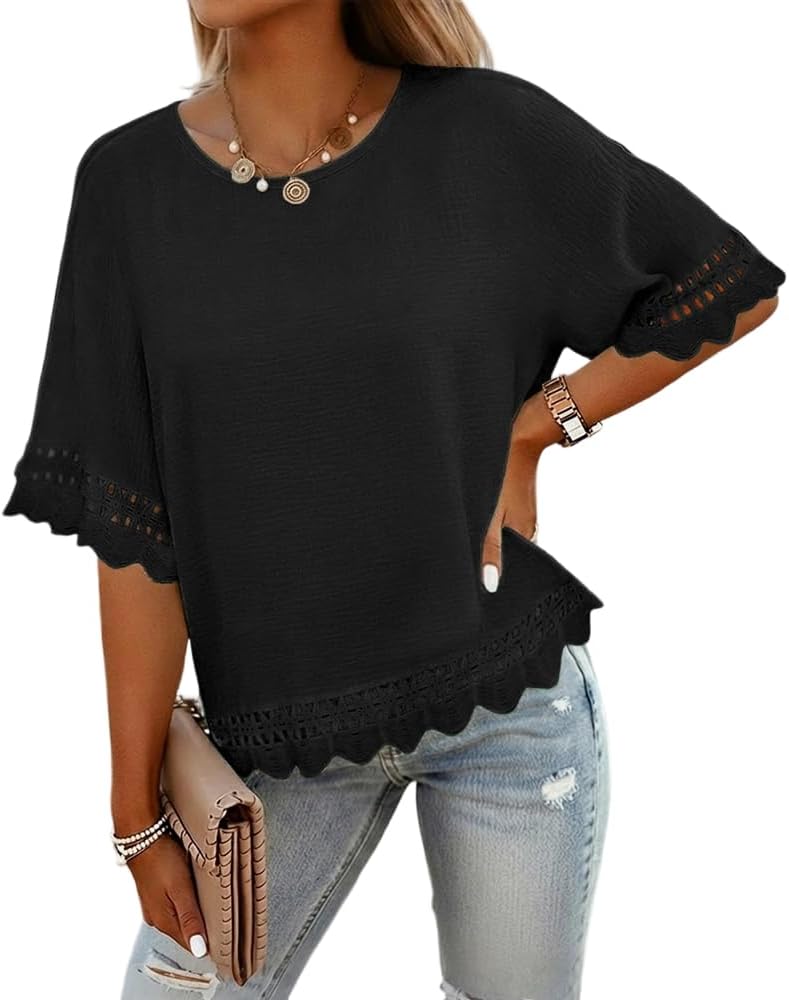 CHICME Women's Summer Boho Tops Dressy Casual Crewneck Short Sleeve Blouse Ruffle Hem Eyelet Shirts Beach Vacation