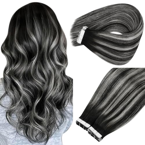 Image of Ve Sunny Hair Tape in Hair Extensions Human Hair | Natural Black Ombre Sliver Grey,20Inch 50g 20Pcs,Adhesive Skin Weft,for Daily Use