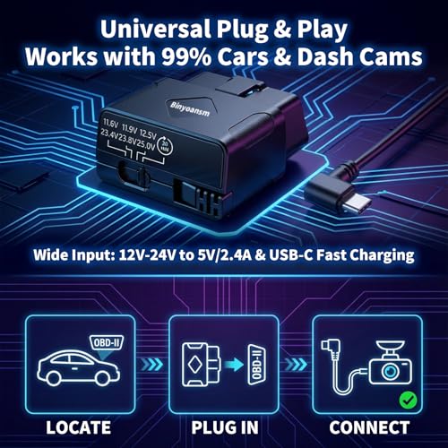 Image of OBD Dash Cam Power Cable USB C with Acc Detection, Plug and Play Hardwire Kit for Dash Camera with 4-Level Low Voltage Protection, LED Voltmeter, 12V-24V to 5V for Parking Mode, 11.5ft