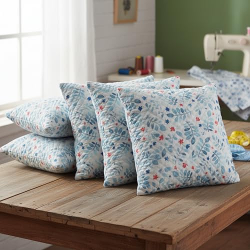 Image of STITCHNEST 'QuadraNest' Series Printed Quilted Velvet Cushion Cover 16x16 Inch Set of 5 | Premium Soft Fabric, Washable & Fade Resistant | Decorative Living Room Cushion Covers | Blue Floral
