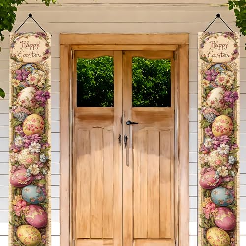 Image of Vintage Happy Easter Banner Pink Floral Eggs Easter Door Decor Porch Sign Easter Decorations for Home Outside 11.81 x 70.87 Inch