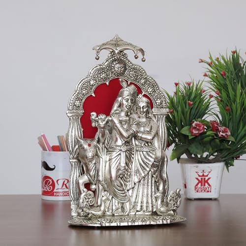 Image of KridayKraft Metal Radha Krishna Idol with Cow Decorative Showpiece Statue for Puja Room Home Office Desk Gift Items Ornate Metal Sculpture of Hindu Deities (Silver, Height 33 CM)