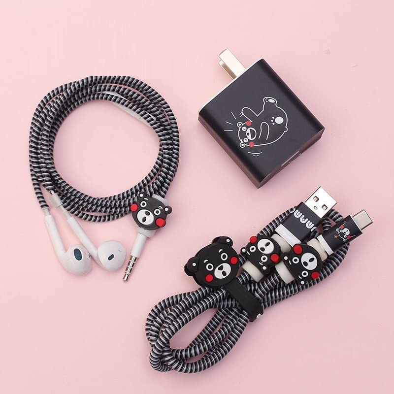 Image of Careflection 6-in-1 Multi Combo Spiral USB Cable Protectors + Earphones Winder + Sticker + Cable Clips + Earphone Jack Clip for New 20W Apple iPhone iPad Charger (Black Bear)