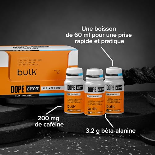 Bulk Dope Shots Boisson pré-entraînement | Framboise Bleue | Boîte de 12 shots de 60 ml | 200 mg de caféine et 3,2 g de bêta-alanine | Soutient l'énergie et la concentration à la salle de sport – Image 3